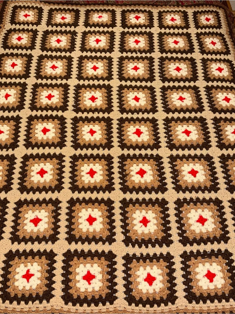 Handmade Brown & Cream Crochet Throw with Red Accents